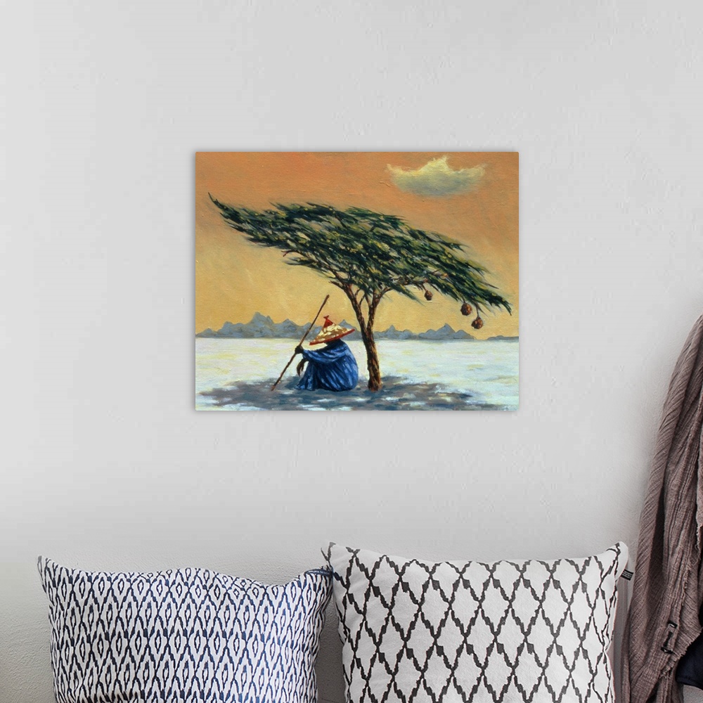 A bohemian room featuring Contemporary oil painting of a man sitting beneath a short tree in the desert to cool down from t...
