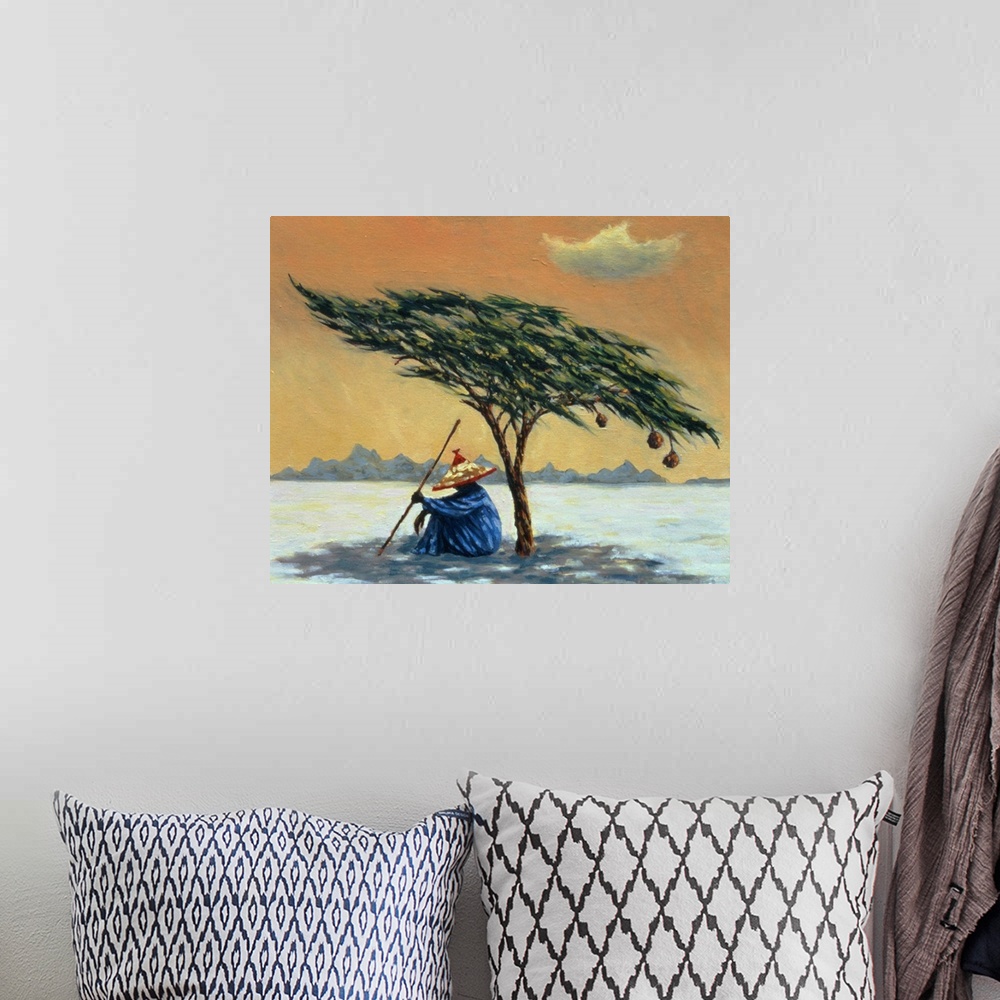 A bohemian room featuring Contemporary oil painting of a man sitting beneath a short tree in the desert to cool down from t...