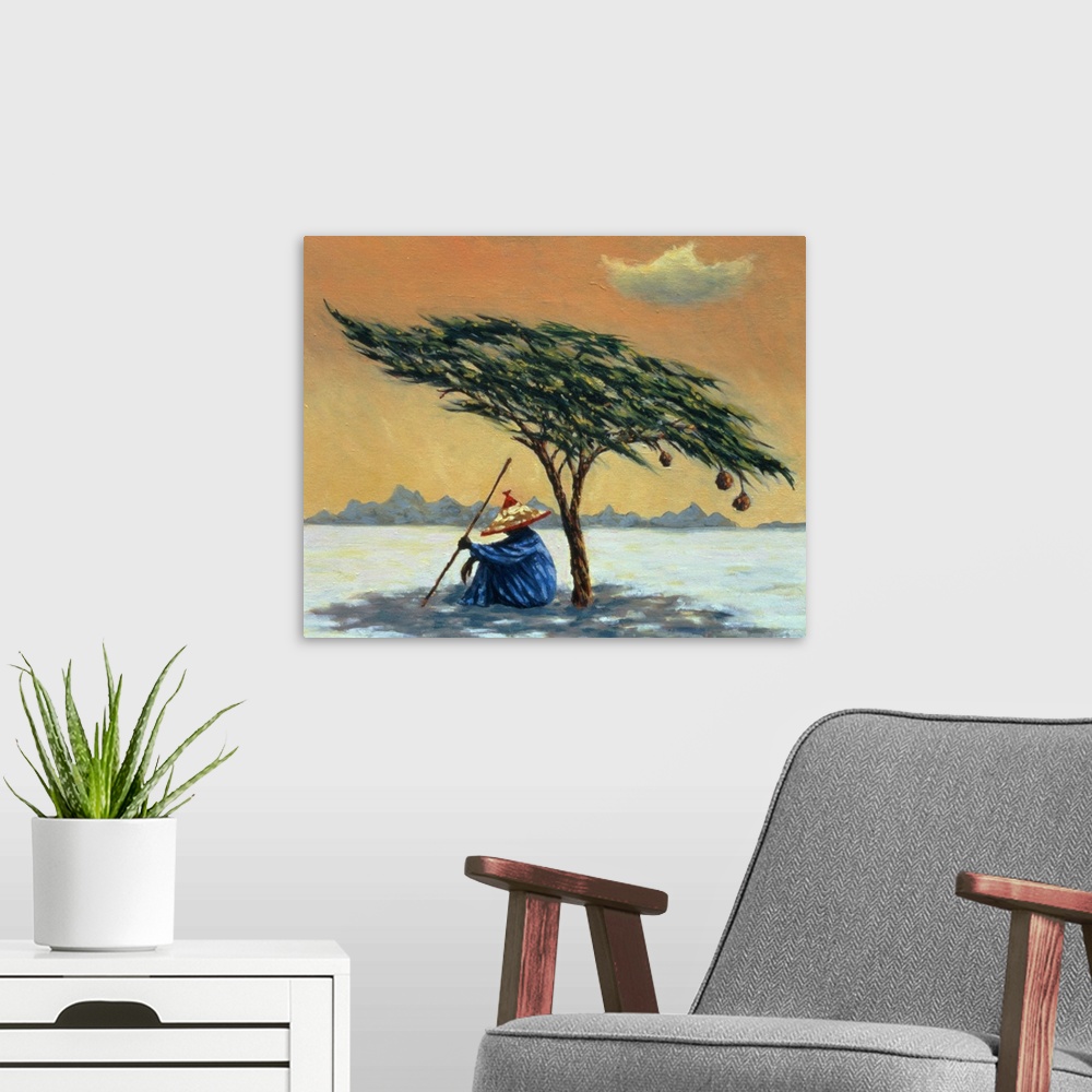 A modern room featuring Contemporary oil painting of a man sitting beneath a short tree in the desert to cool down from t...