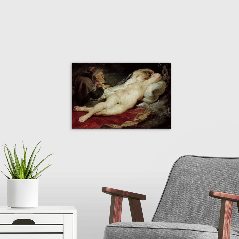 A modern room featuring The Hermit and the sleeping Angelica, 1626-28 (panel)  by Peter Paul Rubens (1577-1640); original...