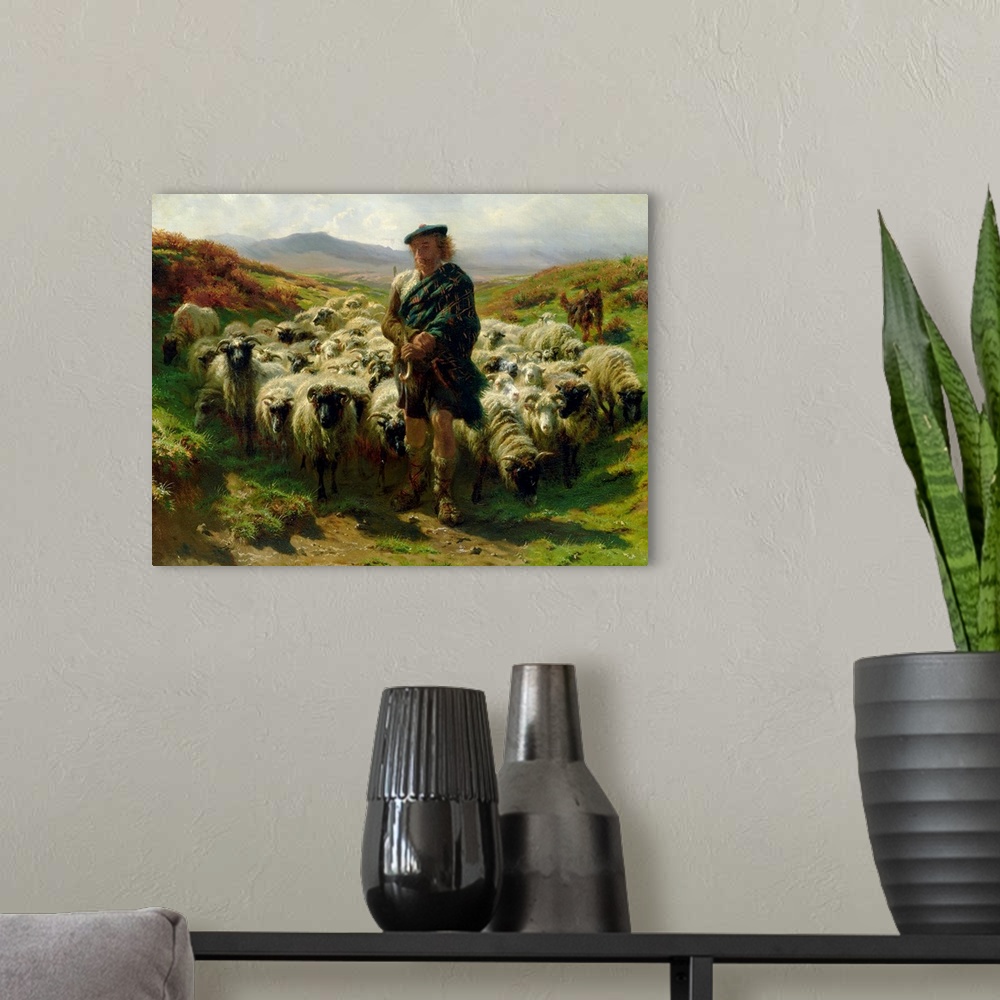 A modern room featuring Classic artwork of a shepherd standing in front of his flock in between two small hills.