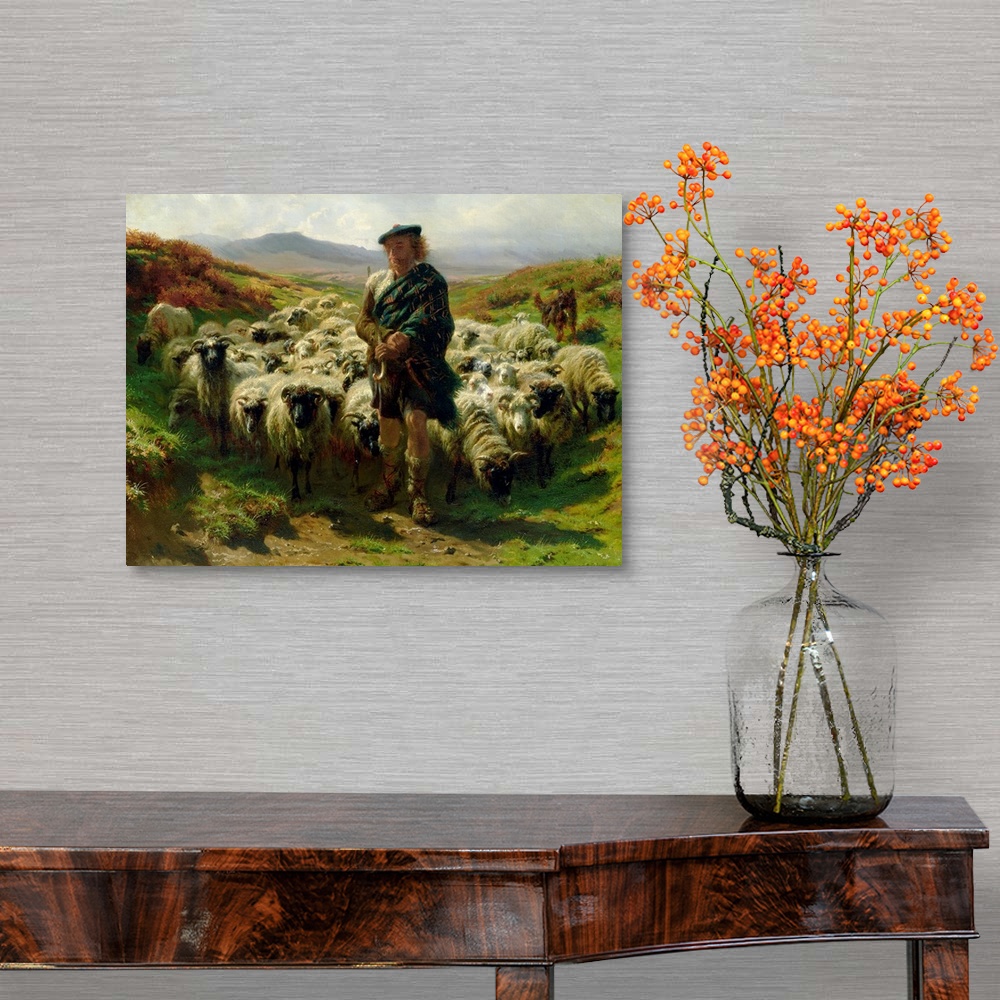 A traditional room featuring Classic artwork of a shepherd standing in front of his flock in between two small hills.