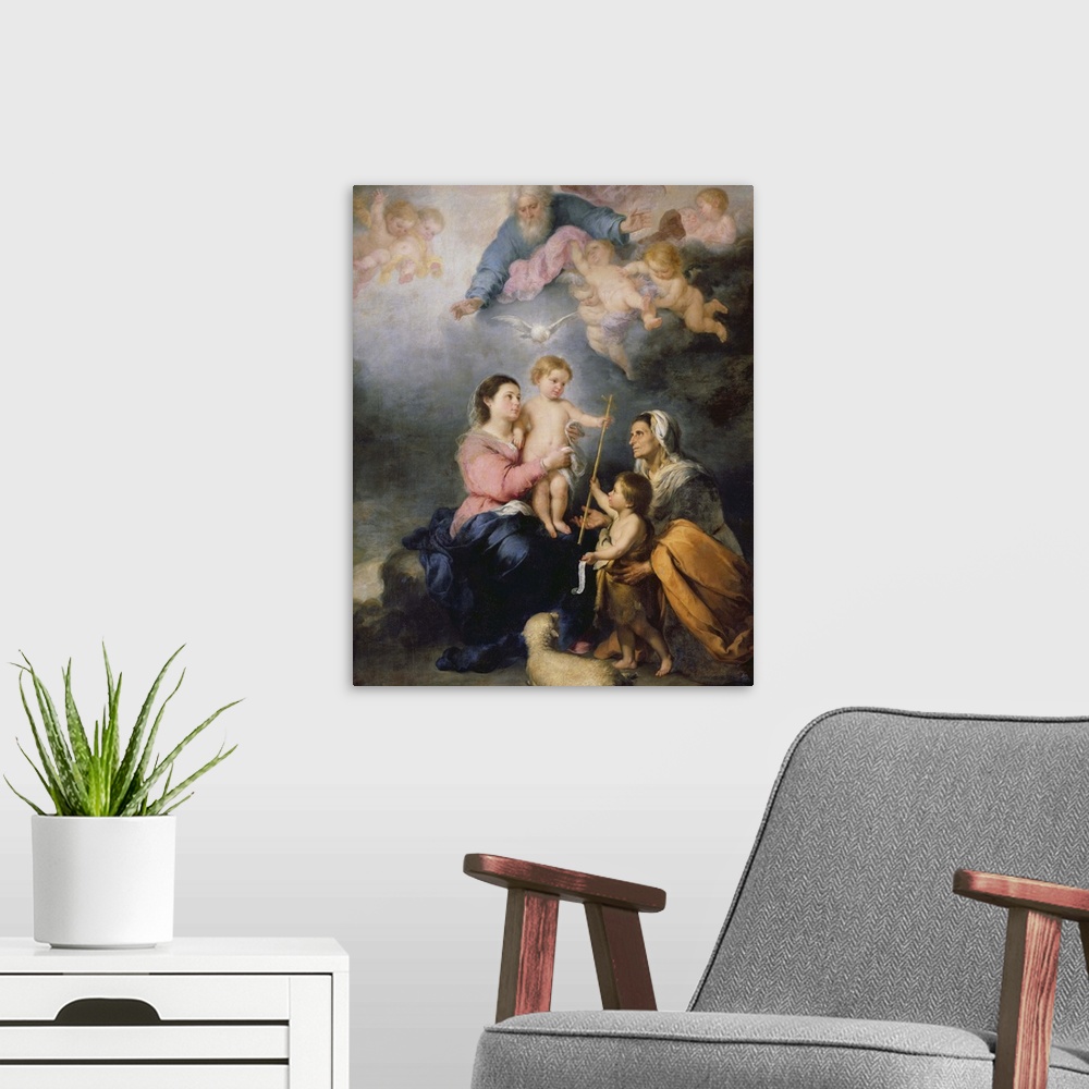 A modern room featuring XIR39139 The Holy Family or The Virgin of Seville (oil on canvas)  by Murillo, Bartolome Esteban ...