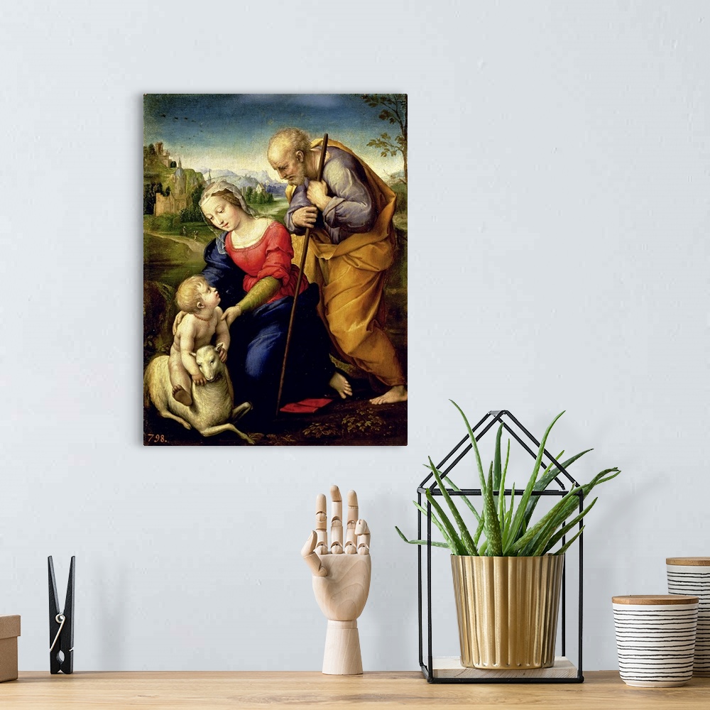 A bohemian room featuring XIR38677 The Holy Family with a Lamb, 1507 (oil on panel)  by Raphael (Raffaello Sanzio of Urbino...