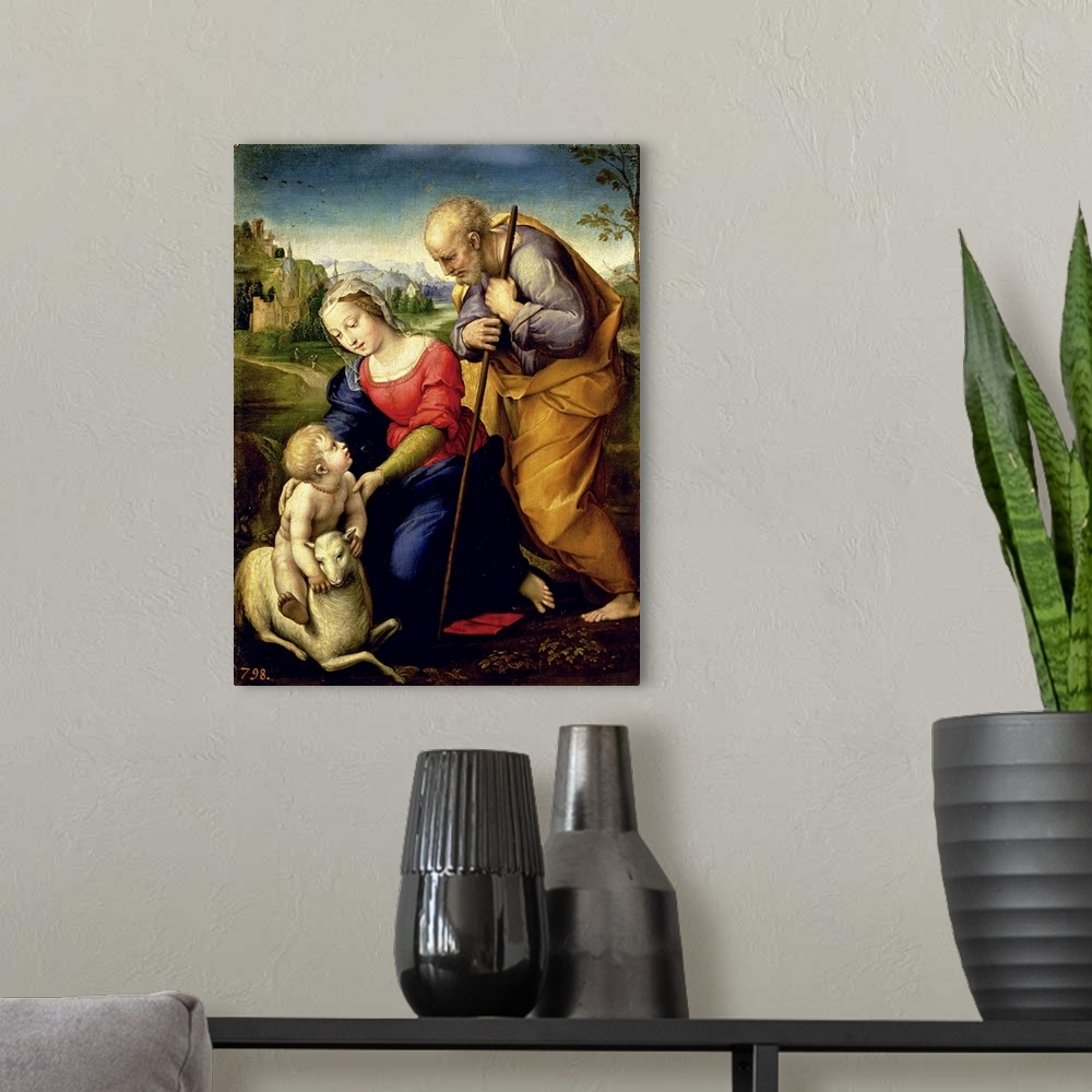 A modern room featuring XIR38677 The Holy Family with a Lamb, 1507 (oil on panel)  by Raphael (Raffaello Sanzio of Urbino...