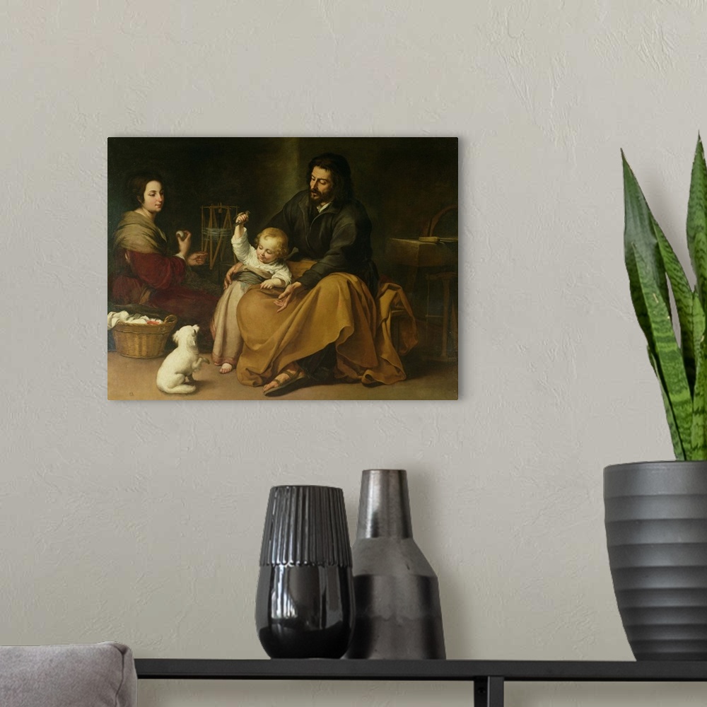 A modern room featuring XIR14192 The Holy Family with the Little Bird, c.1650 (oil on canvas) by Murillo, Bartolome Esteb...