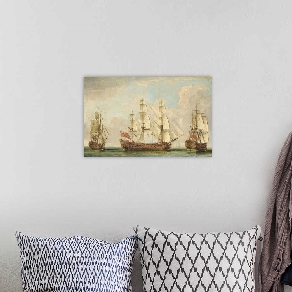 A bohemian room featuring Originally oil on canvas. The Honourable [East India] Company's Ship Bessborough In Three Positio...