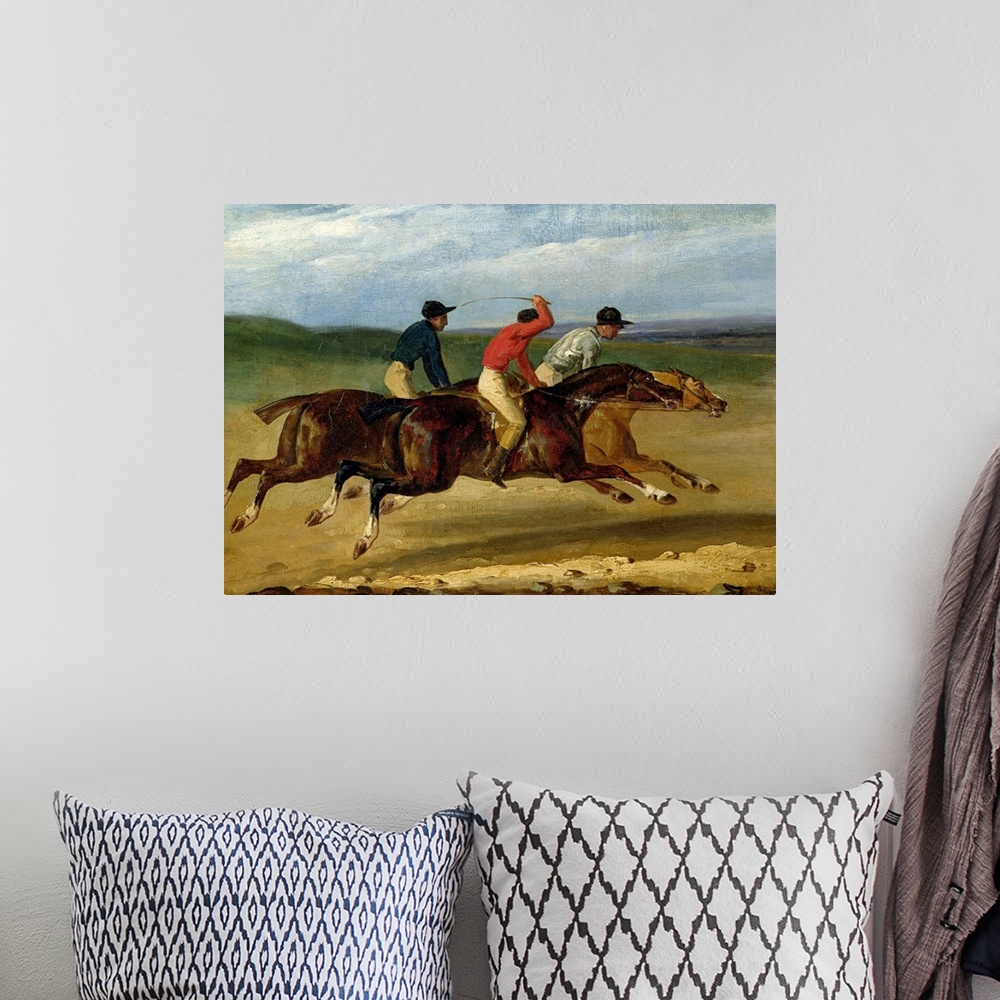 A bohemian room featuring Large landscape painting of three jockeys racing on horses, all close to each other as the horses...