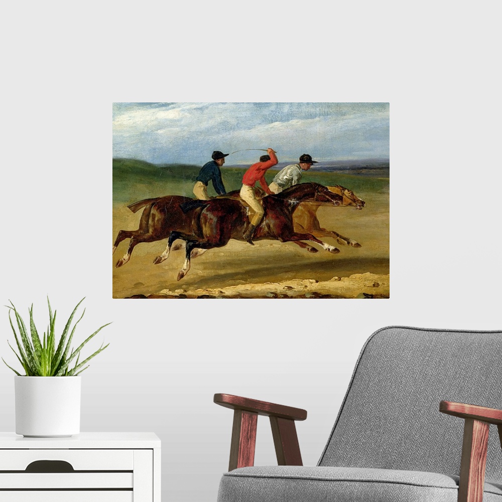 A modern room featuring Large landscape painting of three jockeys racing on horses, all close to each other as the horses...