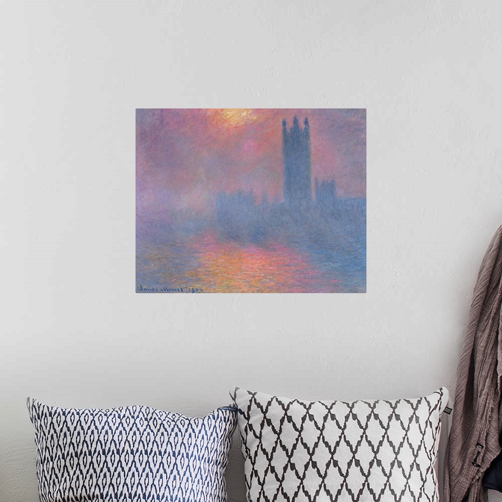 A bohemian room featuring Soft focus oil painting showing the silhouette of a building through morning smog with the sun hi...
