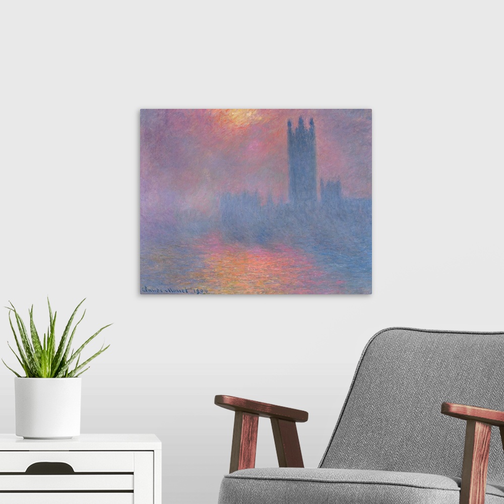 A modern room featuring Soft focus oil painting showing the silhouette of a building through morning smog with the sun hi...