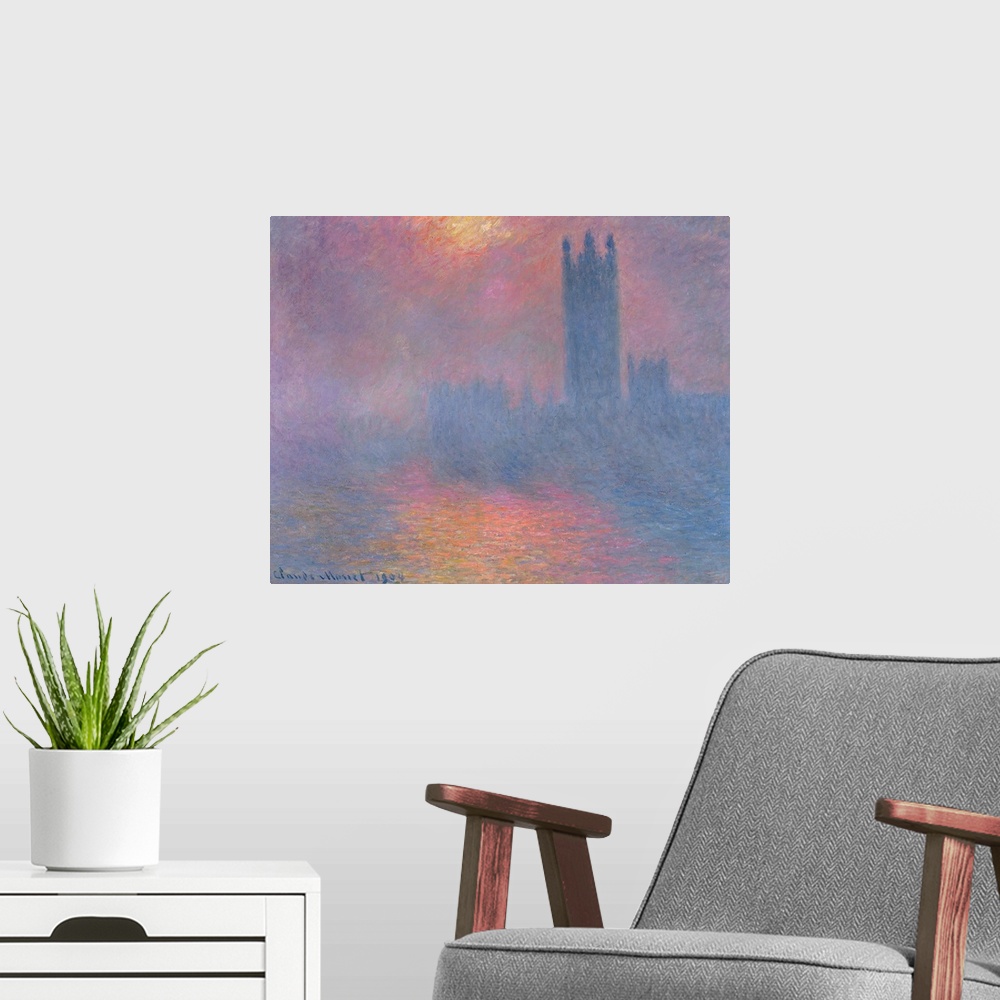 A modern room featuring Soft focus oil painting showing the silhouette of a building through morning smog with the sun hi...