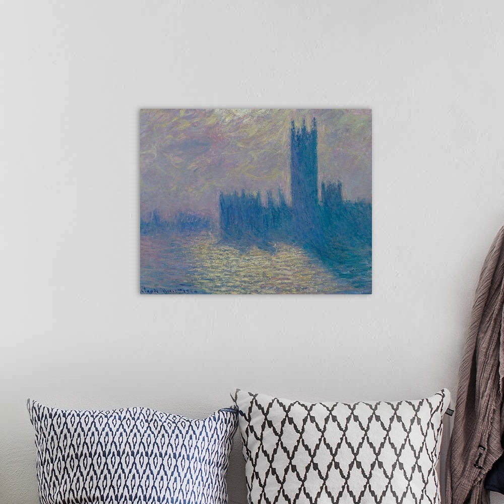 A bohemian room featuring Oil painting of castle silhouette.