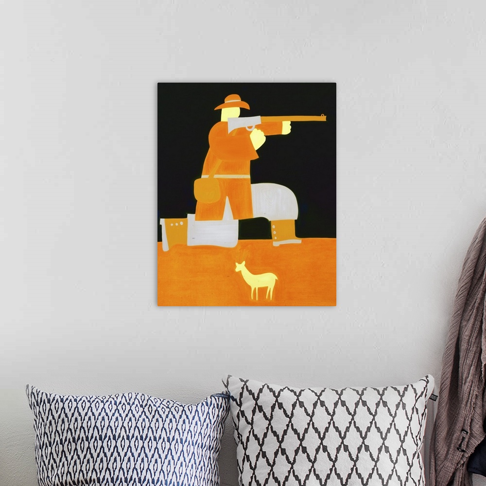 A bohemian room featuring Contemporary painting of a hunter holding a rifle.