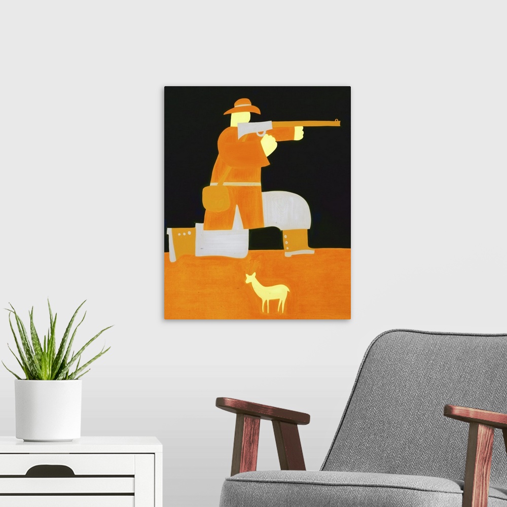 A modern room featuring Contemporary painting of a hunter holding a rifle.