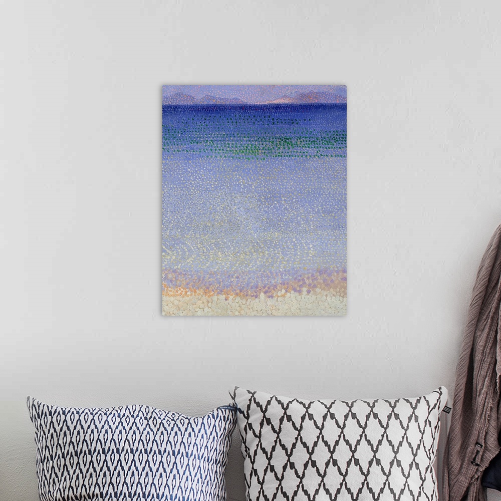 A bohemian room featuring This vertical painting created with pointillist dots shows a sandy beach, sea, and hilly islands ...
