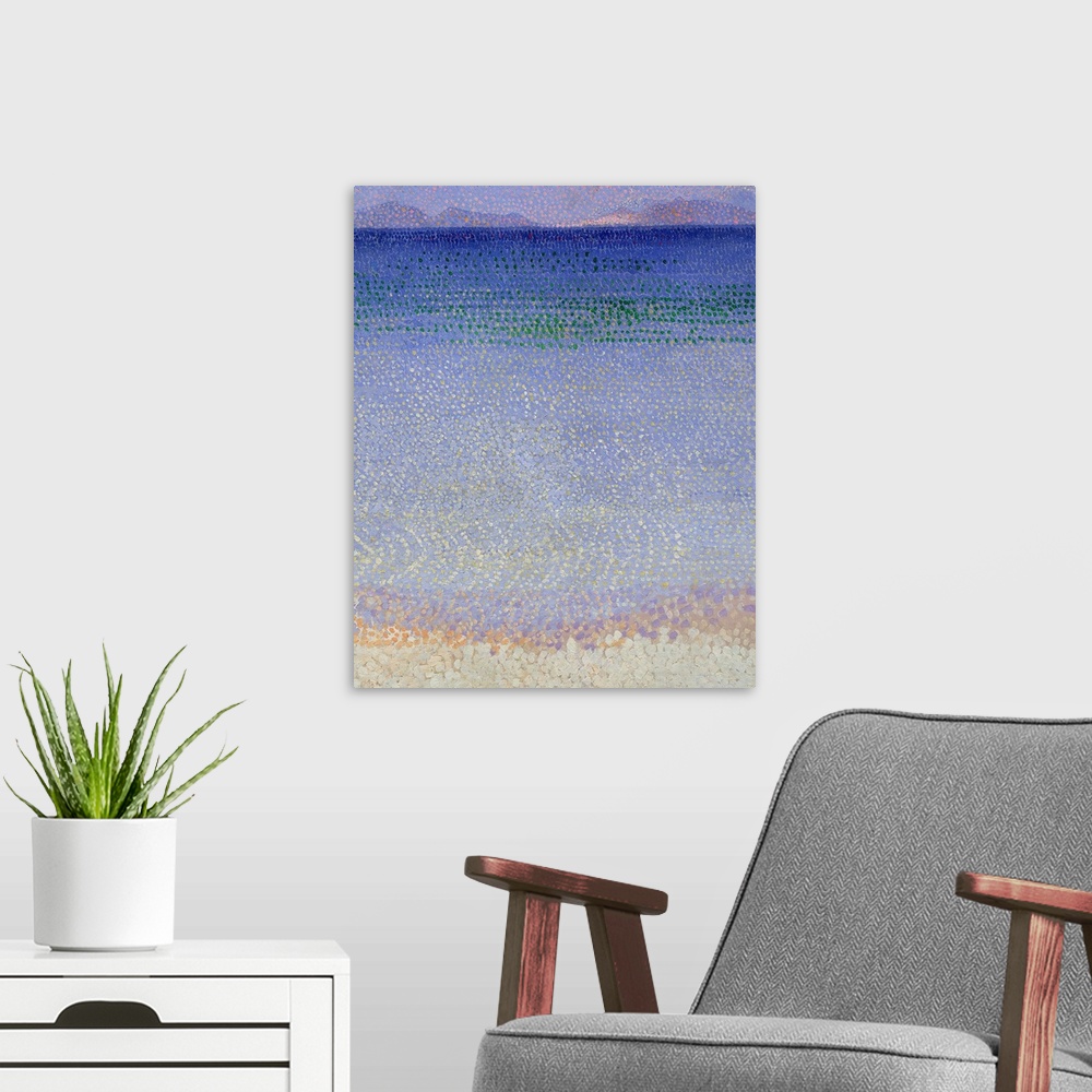 A modern room featuring This vertical painting created with pointillist dots shows a sandy beach, sea, and hilly islands ...