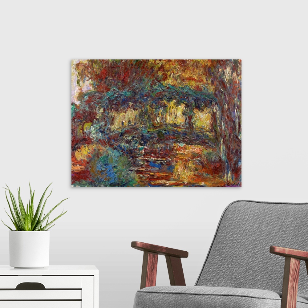 A modern room featuring Horizontal classic painting on a giant wall hanging of a small bridge over water, surrounded by a...