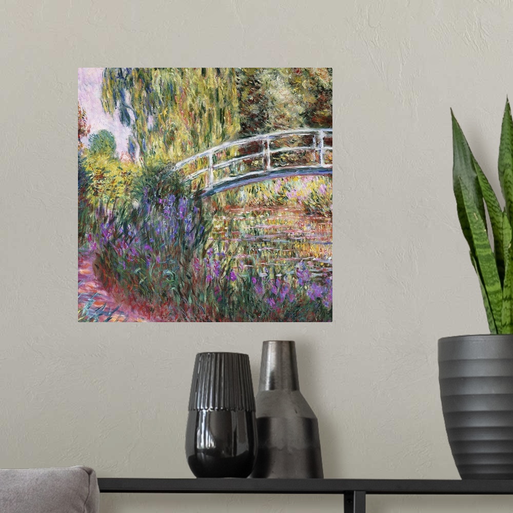 A modern room featuring Irises bloom along a path through a French garden in this classic Impressionist painting availabl...