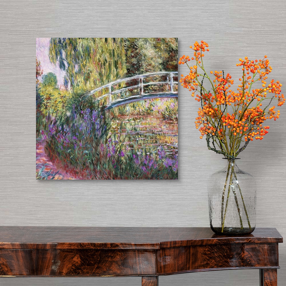A traditional room featuring Irises bloom along a path through a French garden in this classic Impressionist painting availabl...