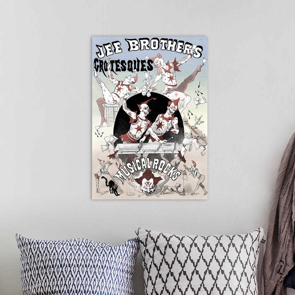 A bohemian room featuring The Jee Brothers Grotesques Musical Rocks, poster for an English clown act also featuring musicia...