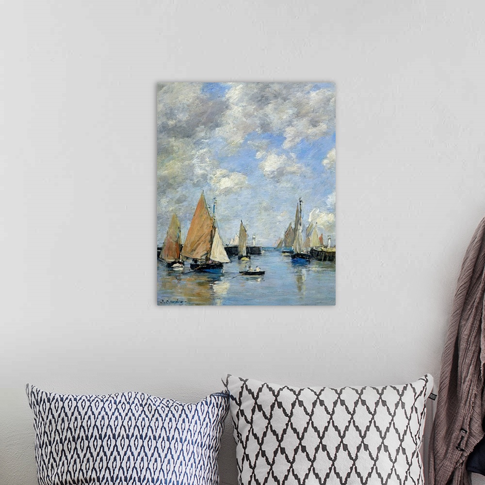 A bohemian room featuring Painting of boats floating in a harbor with puffy clouds in the sky and a brush like texture over...