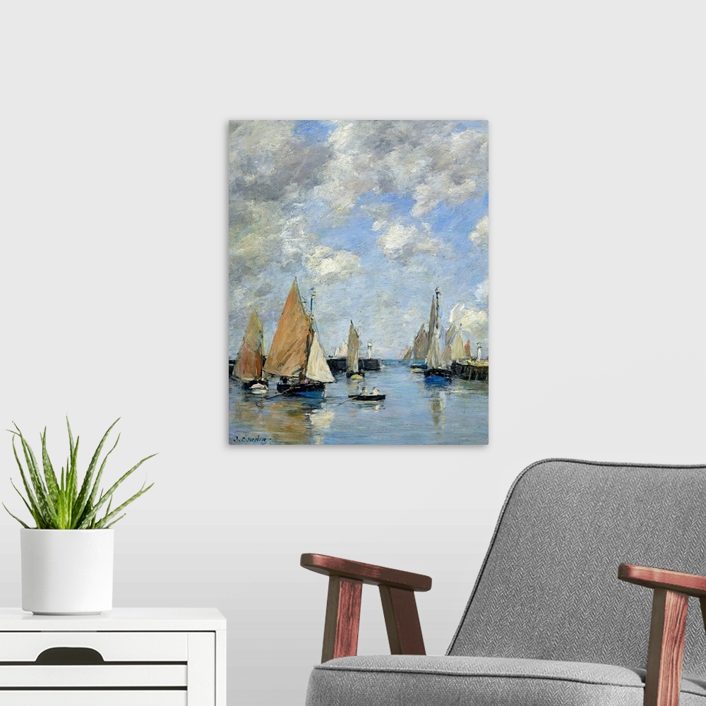 A modern room featuring Painting of boats floating in a harbor with puffy clouds in the sky and a brush like texture over...