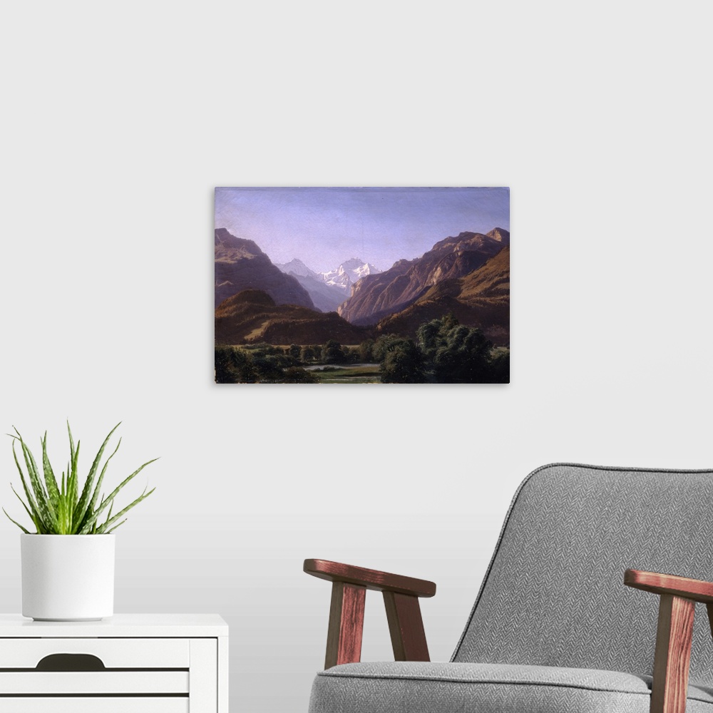 A modern room featuring The Jungfrau seen from near Interlaken, Bernese Oberland, Switzerland, 1852, oil on canvas.  By A...