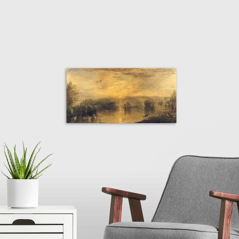 A modern room featuring BAL75938 The Lake, Petworth: Sunset, a Stag Drinking, c.1829  by Turner, Joseph Mallord William (...