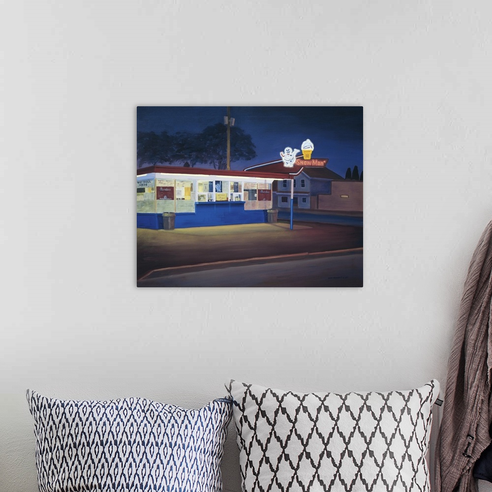 A bohemian room featuring Contemporary painting of an ice cream shop with a lit neon sign.