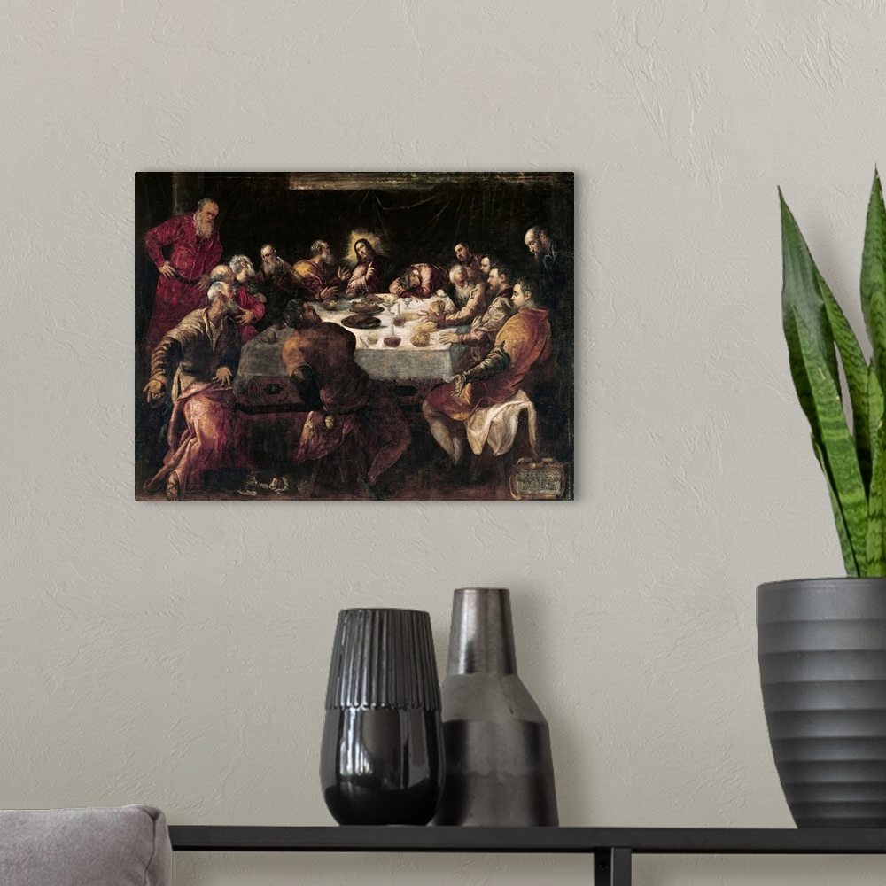 A modern room featuring XIR54915 The Last Supper (oil on canvas)  by Tintoretto, Jacopo Robusti (1518-94); 240x335 cm; Ch...