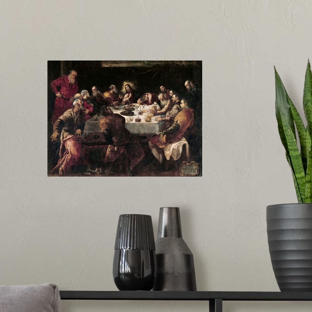 A modern room featuring XIR54915 The Last Supper (oil on canvas)  by Tintoretto, Jacopo Robusti (1518-94); 240x335 cm; Ch...