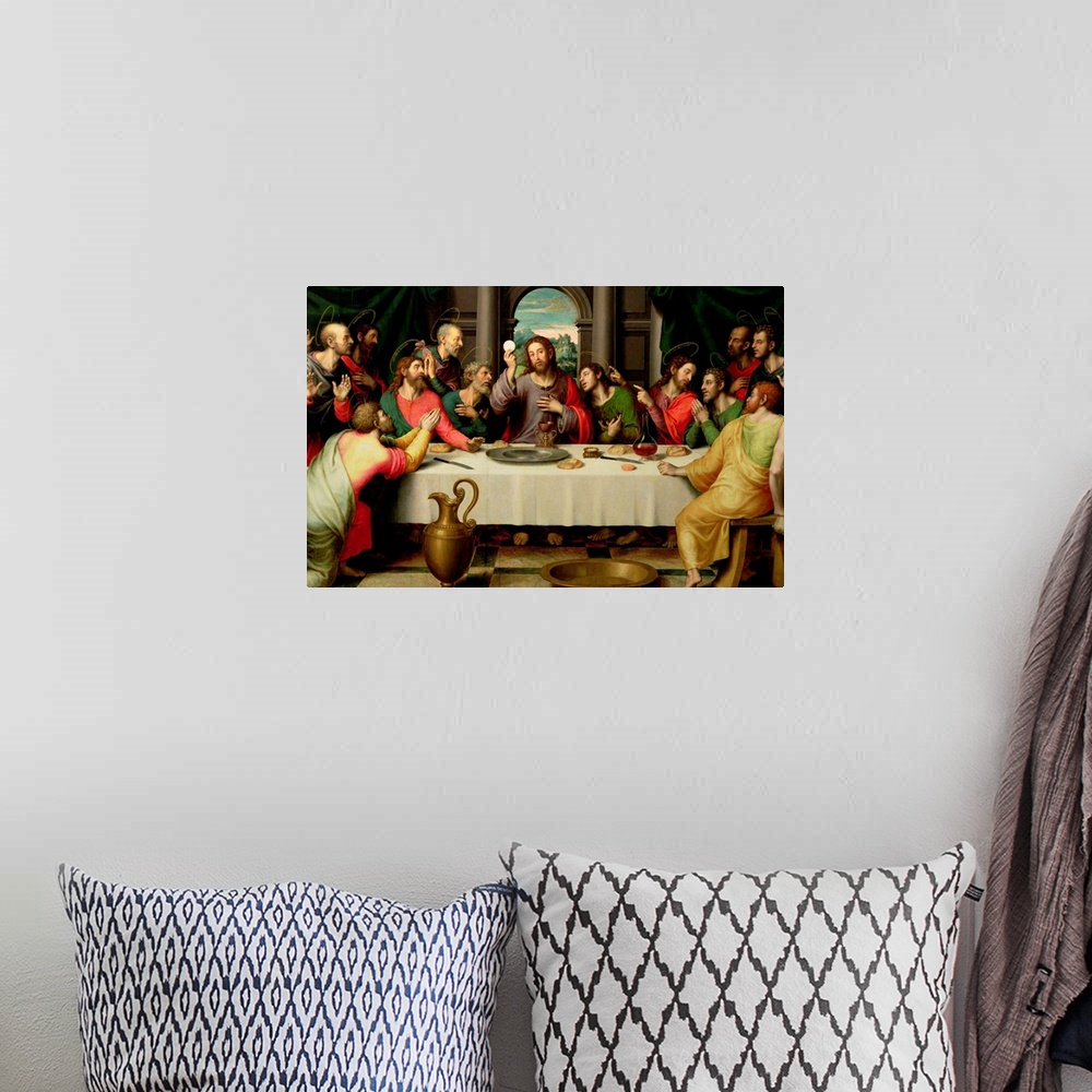 A bohemian room featuring Big classic art depicts the final meal Jesus Christ shared with his Apostles in Jerusalem before ...