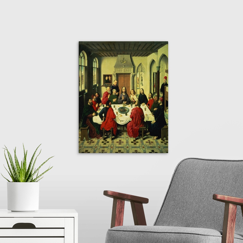 A modern room featuring XIR61314 The Last Supper, central panel from the Altarpiece of the Last Supper, 1464-68 (oil on p...