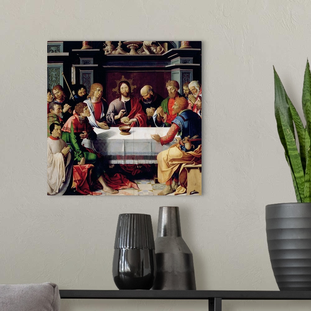 A modern room featuring XJL180971 The Last Supper, central panel from the Eucharist Triptych, 1515 (oil on panel) by Fren...