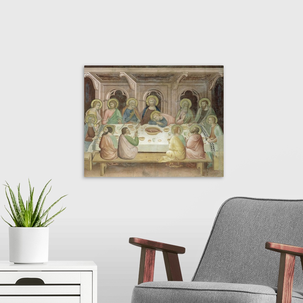A modern room featuring XAL162148 The Last Supper, from a series of Scenes of the New Testament (fresco) by Barna da Sien...