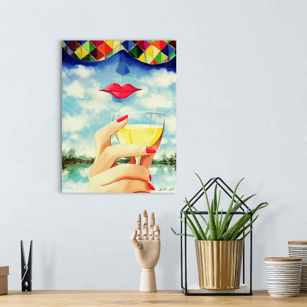 A bohemian room featuring Contemporary painting of a woman's face in the clouds with a hand holding a wineglass.