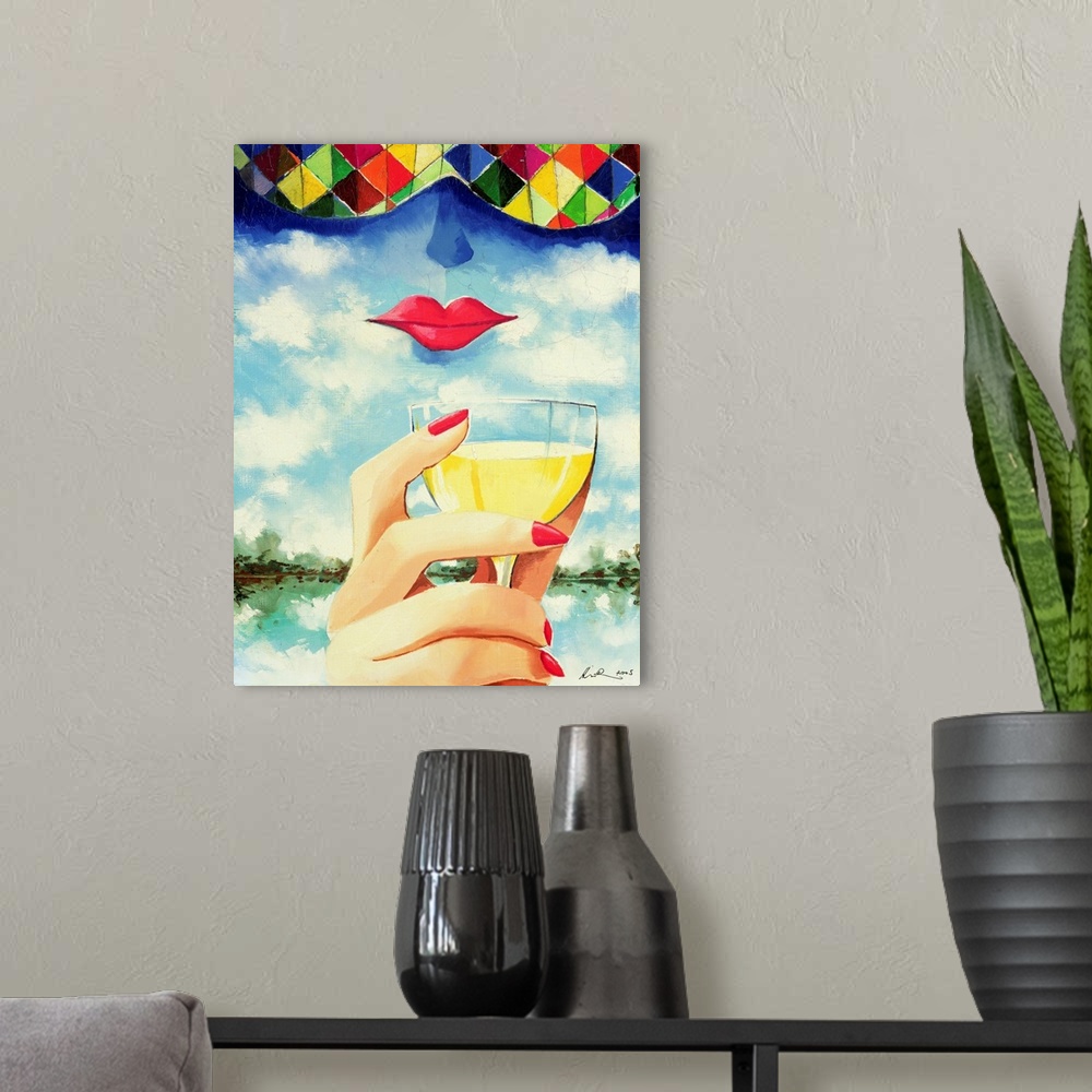 A modern room featuring Contemporary painting of a woman's face in the clouds with a hand holding a wineglass.