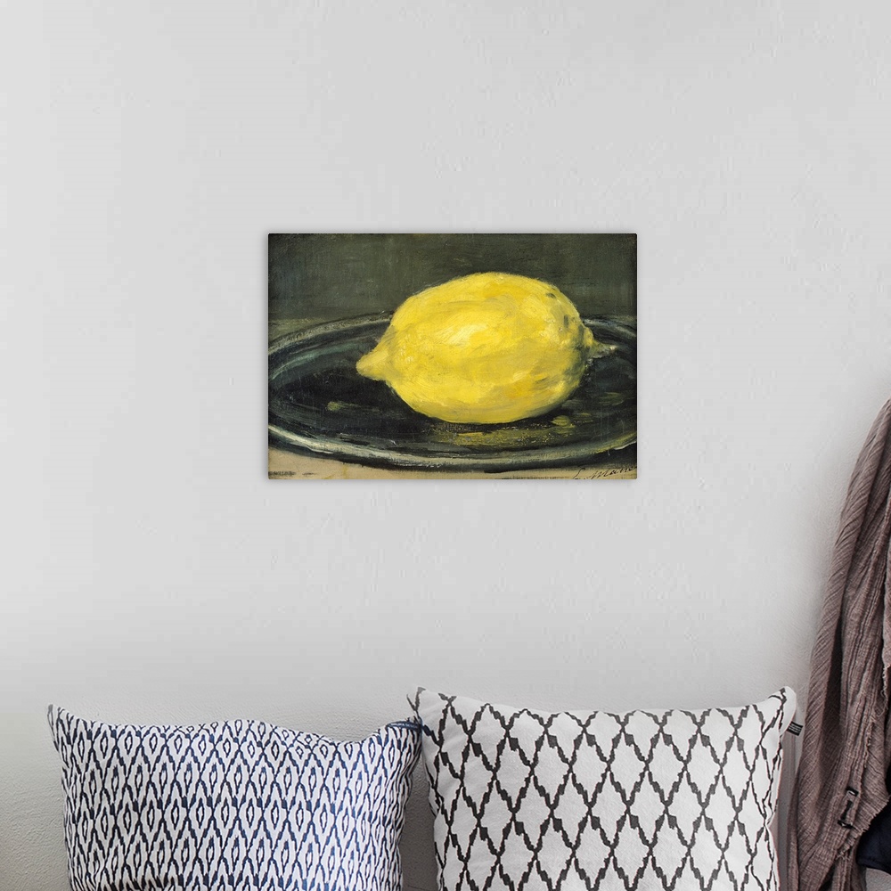 A bohemian room featuring This horizontal art work is a close up painting of a citrus fruit on a plate created by a 19th ce...