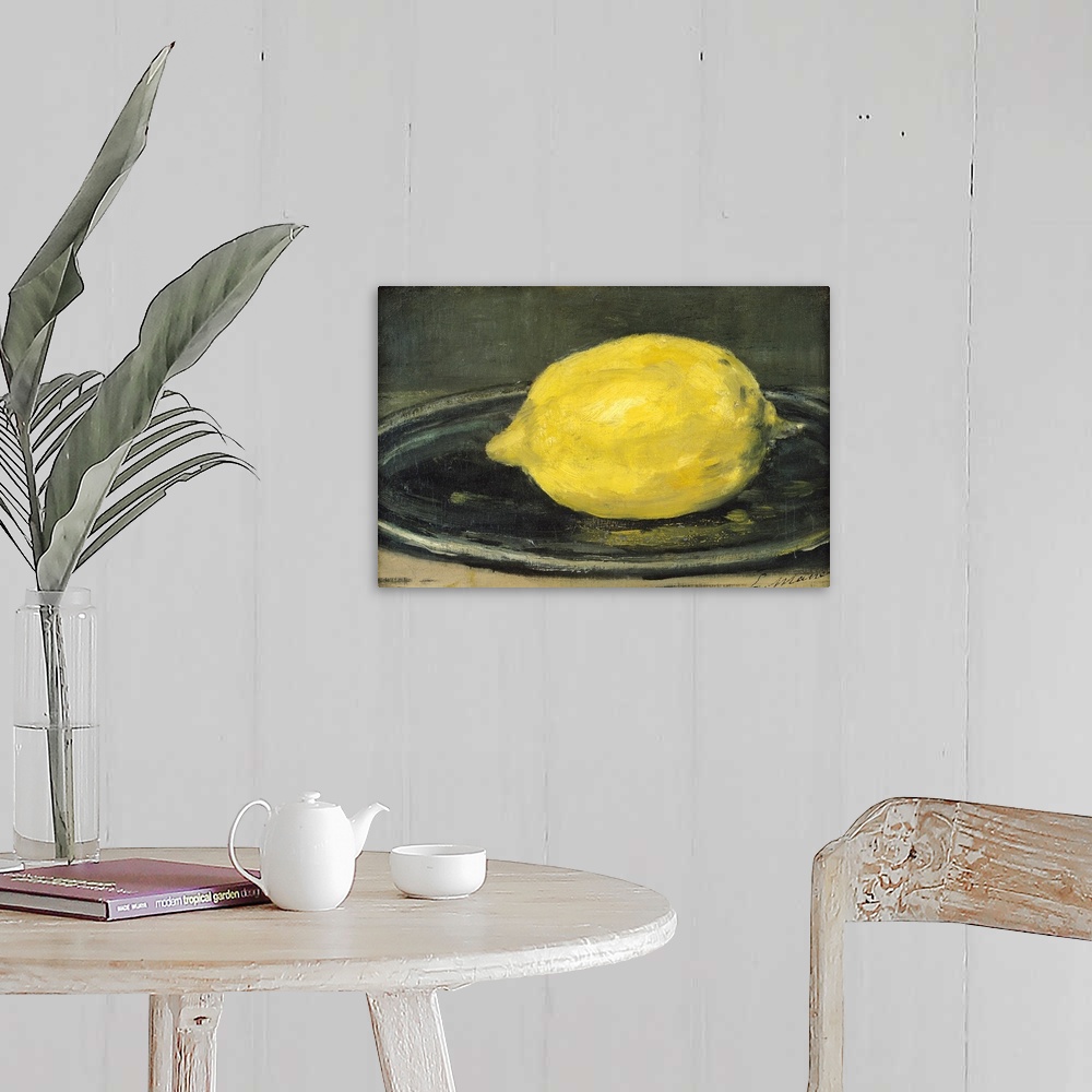 A farmhouse room featuring This horizontal art work is a close up painting of a citrus fruit on a plate created by a 19th ce...