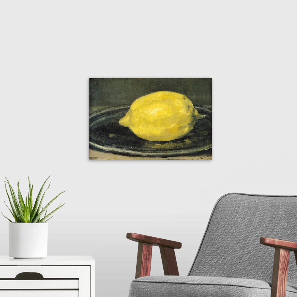 A modern room featuring This horizontal art work is a close up painting of a citrus fruit on a plate created by a 19th ce...