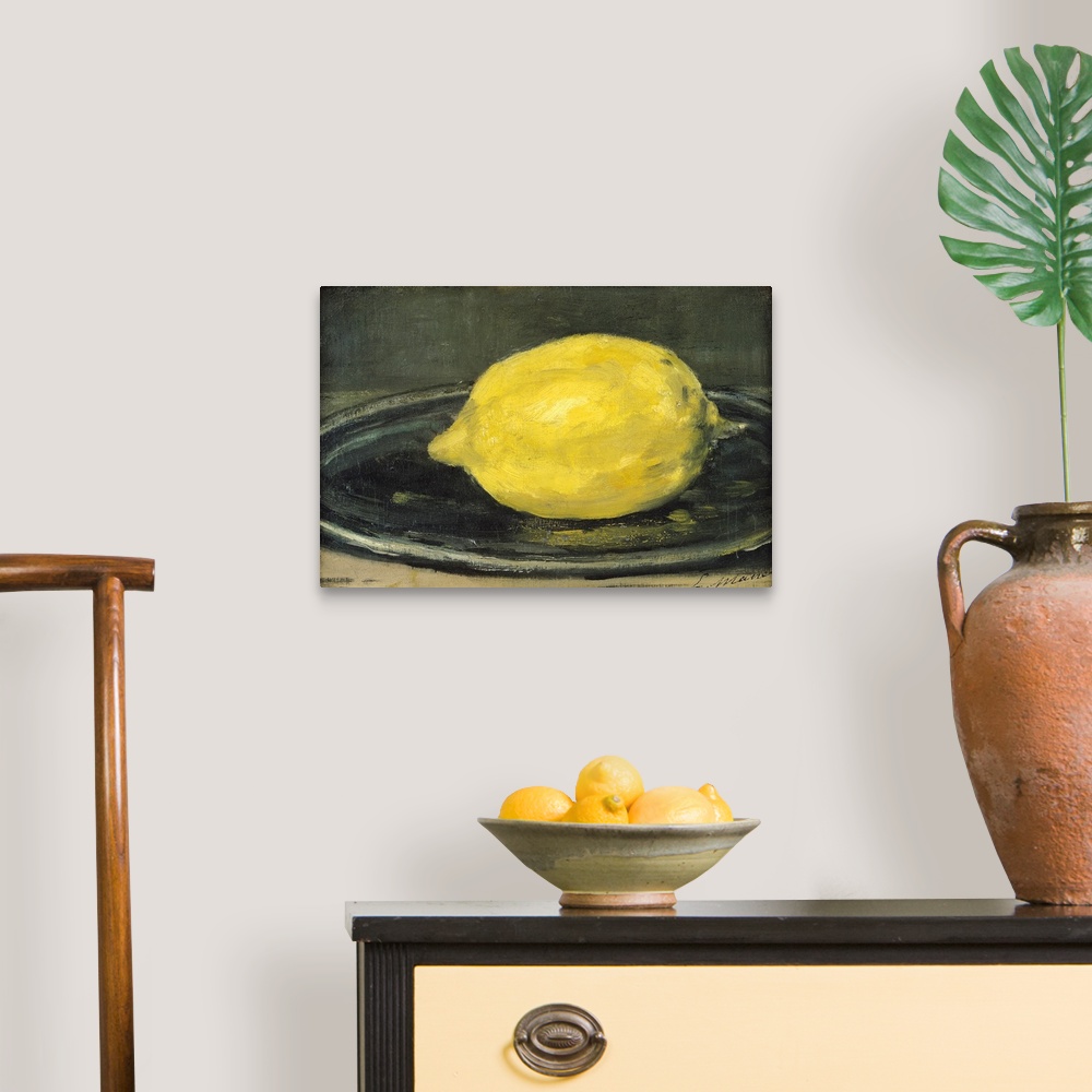 A traditional room featuring This horizontal art work is a close up painting of a citrus fruit on a plate created by a 19th ce...