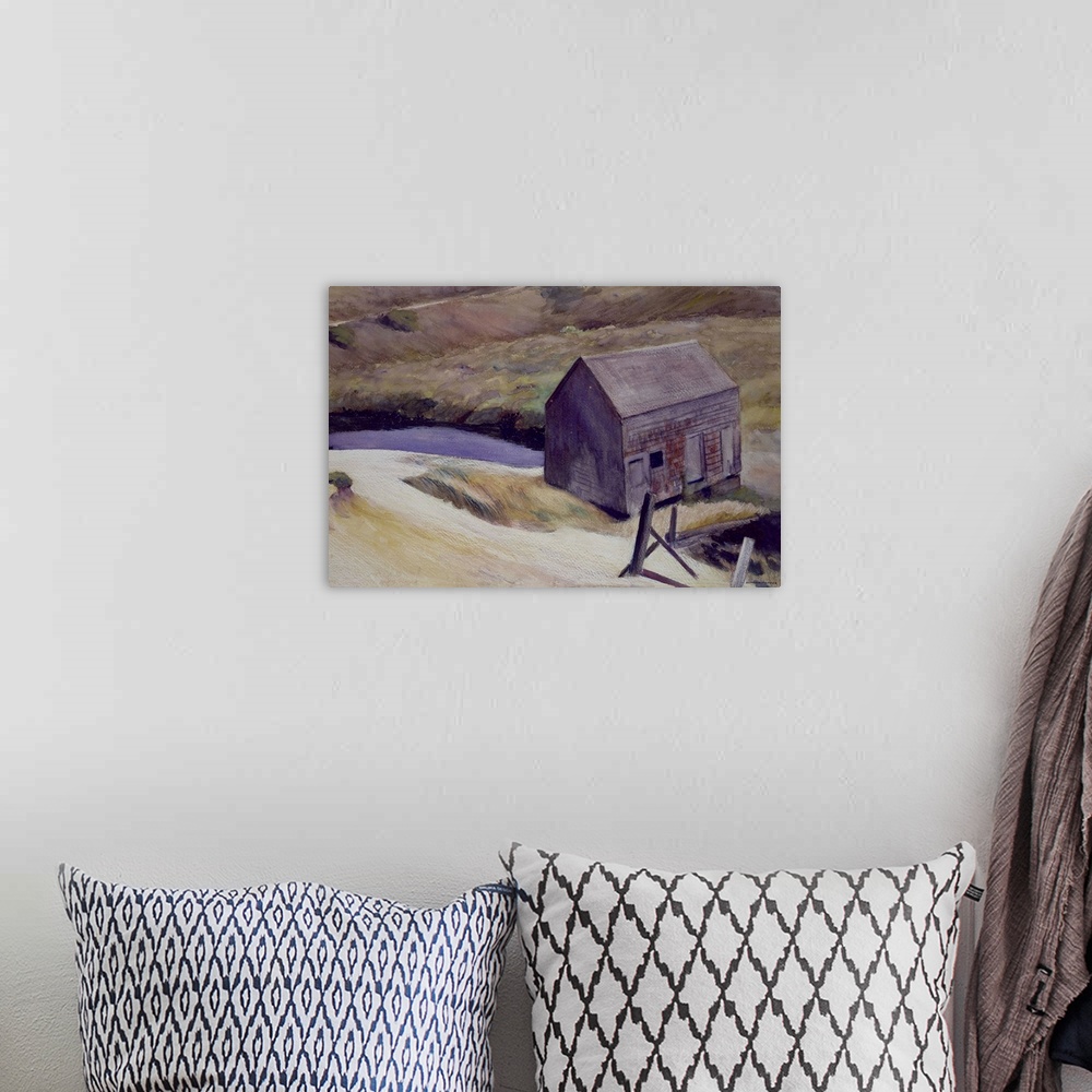 A bohemian room featuring Painting of a small wooden barn on the countryside in Iowa with cool tones.
