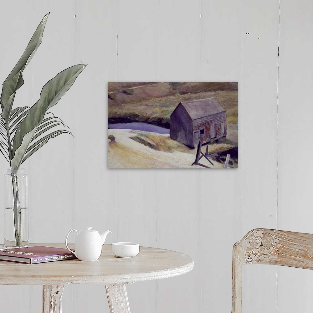 A farmhouse room featuring Painting of a small wooden barn on the countryside in Iowa with cool tones.