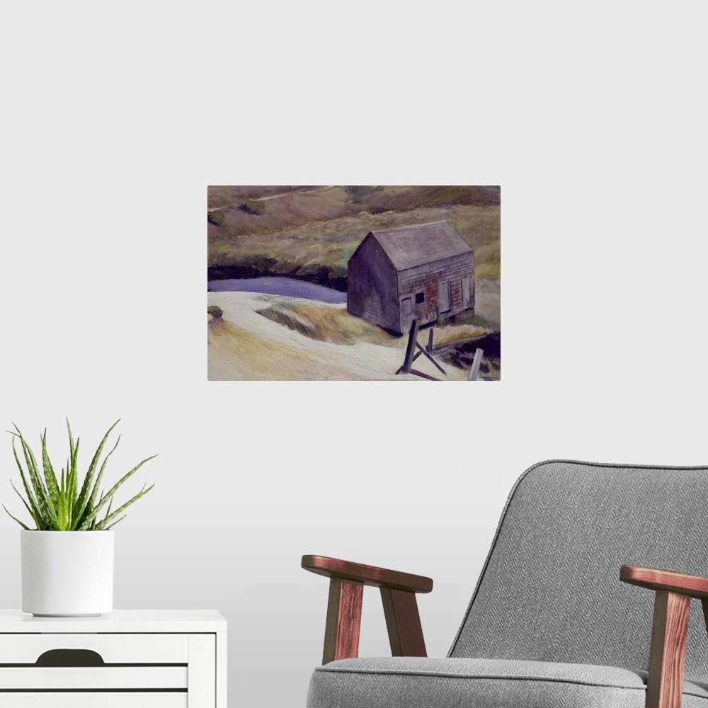 A modern room featuring Painting of a small wooden barn on the countryside in Iowa with cool tones.