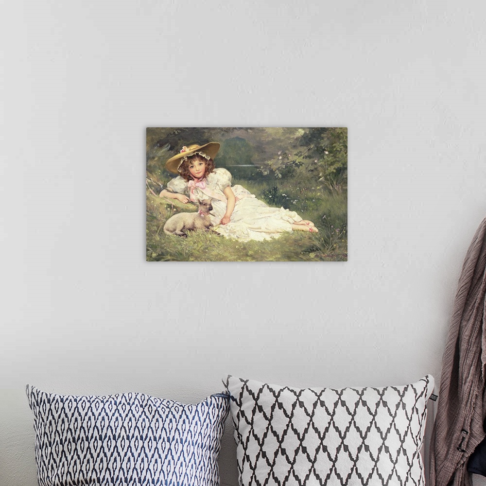 A bohemian room featuring BAL82750 The Little Shepherdess  by May, Arthur Dampier (fl.1872-1914); oil on canvas; 40.6x61 cm...