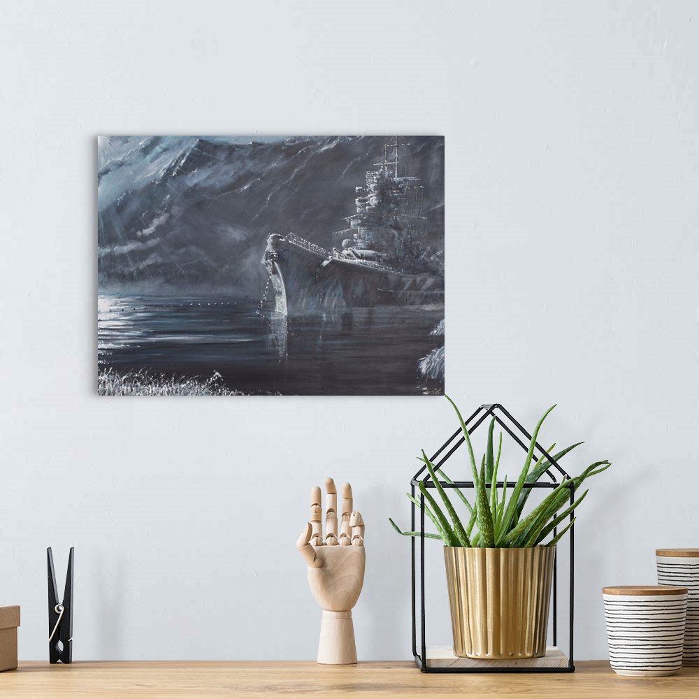 A bohemian room featuring Contemporary painting of a ship sitting in a mountainous harbor.