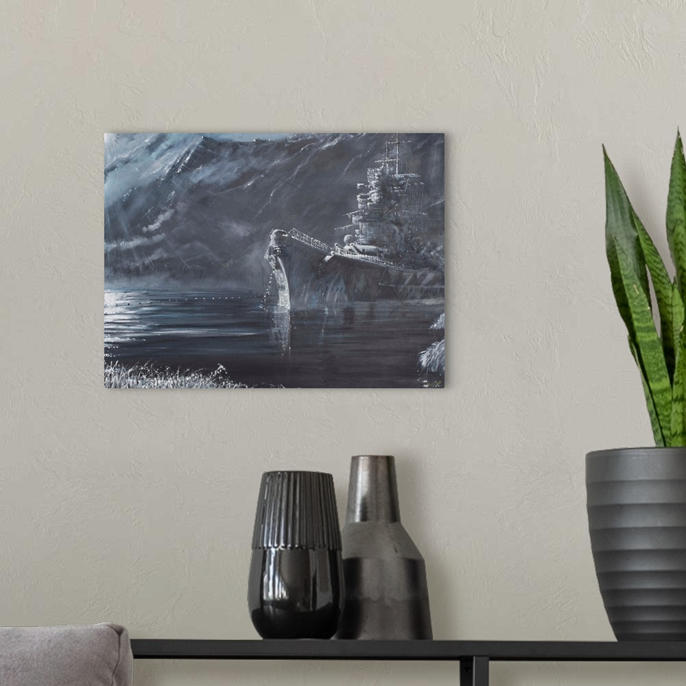 A modern room featuring Contemporary painting of a ship sitting in a mountainous harbor.
