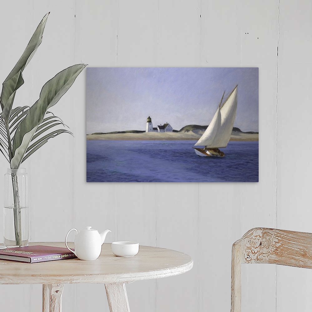 A farmhouse room featuring Classic art painting of a sailboat moving gracefully across the water on the New England shore wi...