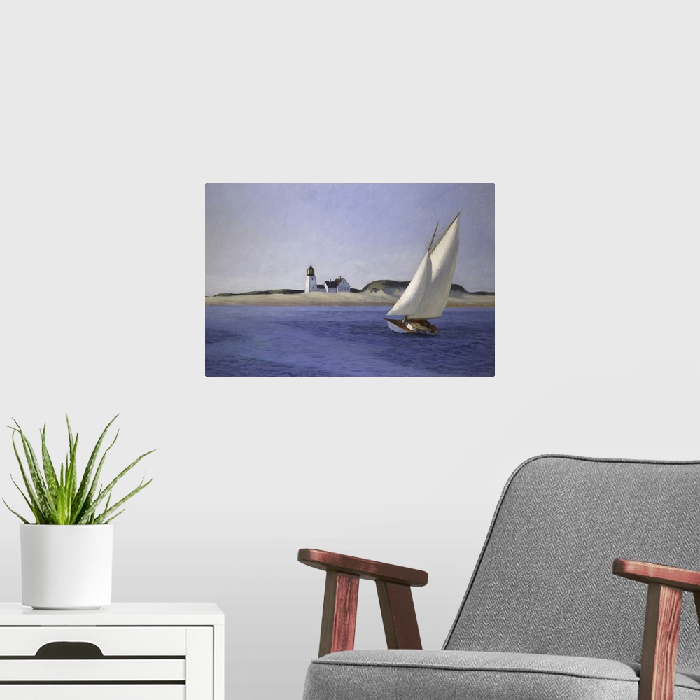 A modern room featuring Classic art painting of a sailboat moving gracefully across the water on the New England shore wi...